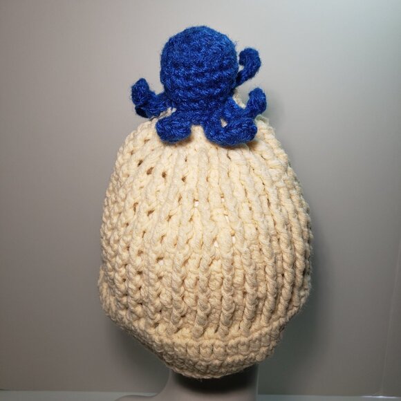 New Handmade Amigurumi Crochet White with Blue Cartoon Octopus Hat Beanie Cute - Picture 3 of 6
